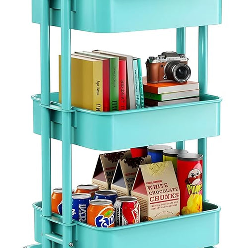 JIALTO Multipurpose Trolley with Wheels- Heavy Duty 3-Tier Utility Cart for Storage & Organization- Movable Rack for Home, Kitchen, Bathroom, Pantry- Durable Metal Frame with Lockable Wheels (Green)