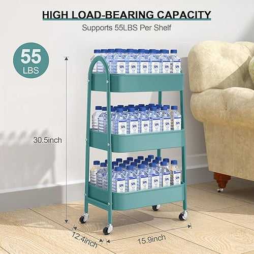 JIALTO 3-Tier Vegetable Rack for Kitchen Steel Trolley Cart, Metal Storage Rack with Lockable Wheels, Multipurpose Storage Organizer with Home Kitchen Outdoor for Office & Home - Green