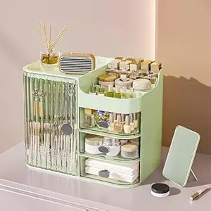 JIALTO Makeup Organizer Box with 4 Compartments- Cosmetic Storage Box and Organizer for Women- Skincare, Lipstick, Brushes, Jewelry Holder- Vanity Table Makeup Stand (Green Transparent)