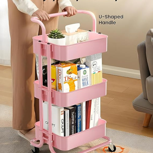 JIALTO Multipurpose Trolley with Wheels- Heavy Duty 3-Tier Utility Cart for Storage & Organization- Movable Rack for Home, Kitchen, Bathroom, Pantry- Durable Metal Frame with Lockable Wheels (Pink)