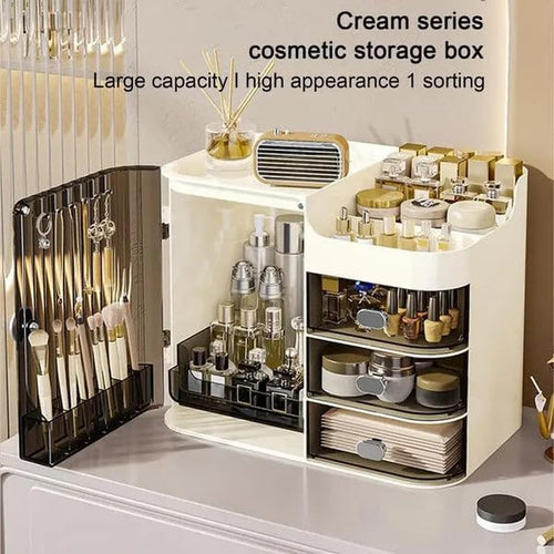JIALTO Makeup Organizer Box with 4 Compartments- Cosmetic Storage Box and Organizer for Women- Skincare, Lipstick, Brushes, Jewelry Holder- Vanity Table Makeup Stand (Green Transparent)
