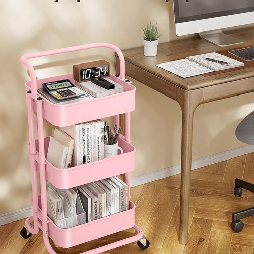 JIALTO Multipurpose Trolley with Wheels- Heavy Duty 3-Tier Utility Cart for Storage & Organization- Movable Rack for Home, Kitchen, Bathroom, Pantry- Durable Metal Frame with Lockable Wheels (Pink)
