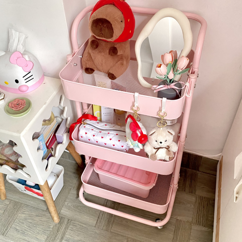 JIALTO Multipurpose Trolley with Wheels- Heavy Duty 3-Tier Utility Cart for Storage & Organization- Movable Rack for Home, Kitchen, Bathroom, Pantry- Durable Metal Frame with Lockable Wheels (Pink)