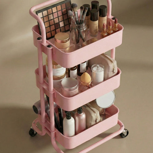 JIALTO Multipurpose Trolley with Wheels- Heavy Duty 3-Tier Utility Cart for Storage & Organization- Movable Rack for Home, Kitchen, Bathroom, Pantry- Durable Metal Frame with Lockable Wheels (Pink)