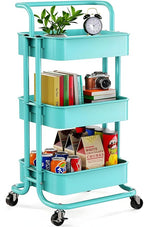 JIALTO Multipurpose Trolley with Wheels- Heavy Duty 3-Tier Utility Cart for Storage & Organization- Movable Rack for Home, Kitchen, Bathroom, Pantry- Durable Metal Frame with Lockable Wheels (Green)