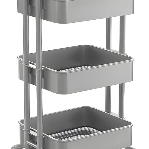 JIALTO Multipurpose Trolley with Wheels- Heavy Duty 3-Tier Utility Cart for Storage & Organization- Movable Rack for Home, Kitchen, Bathroom, Pantry- Durable Metal Frame with Lockable Wheels (Grey)