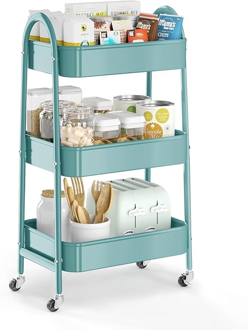 JIALTO 3-Tier Vegetable Rack for Kitchen Steel Trolley Cart, Metal Storage Rack with Lockable Wheels, Multipurpose Storage Organizer with Home Kitchen Outdoor for Office & Home - Green