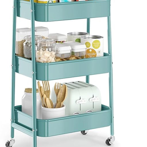 JIALTO 3-Tier Vegetable Rack for Kitchen Steel Trolley Cart, Metal Storage Rack with Lockable Wheels, Multipurpose Storage Organizer with Home Kitchen Outdoor for Office & Home - Green