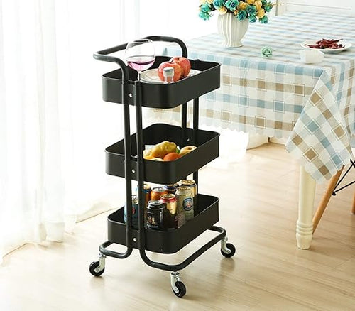 JIALTO Multipurpose Trolley with Wheels- Heavy Duty 3-Tier Utility Cart for Storage & Organization- Movable Rack for Home, Kitchen, Bathroom, Pantry- Durable Metal Frame with Lockable Wheels (Black)
