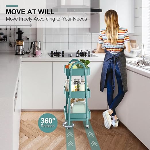 JIALTO 3-Tier Vegetable Rack for Kitchen Steel Trolley Cart, Metal Storage Rack with Lockable Wheels, Multipurpose Storage Organizer with Home Kitchen Outdoor for Office & Home - Green