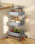 JIALTO Multipurpose Trolley with Wheels- Heavy Duty 3-Tier Utility Cart for Storage & Organization- Movable Rack for Home, Kitchen, Bathroom, Pantry- Durable Metal Frame with Lockable Wheels (Grey)
