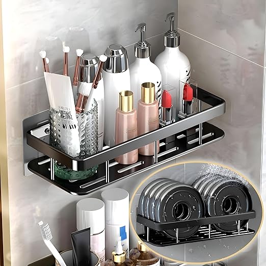 JIALTO 2 PCS Aluminum Wall Mounted Bathroom Organiser, Floating Shelf for Wall for Bathroom Cabinet Multifunctional Large Capacity Bathroom Rack, Bathroom Shelf for Wall (Black)