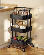 JIALTO Multipurpose Trolley with Wheels- Heavy Duty 3-Tier Utility Cart for Storage & Organization- Movable Rack for Home, Kitchen, Bathroom, Pantry- Durable Metal Frame with Lockable Wheels (Black)