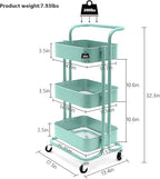 JIALTO Multipurpose Trolley with Wheels- Heavy Duty 3-Tier Utility Cart for Storage & Organization- Movable Rack for Home, Kitchen, Bathroom, Pantry- Durable Metal Frame with Lockable Wheels (Green)