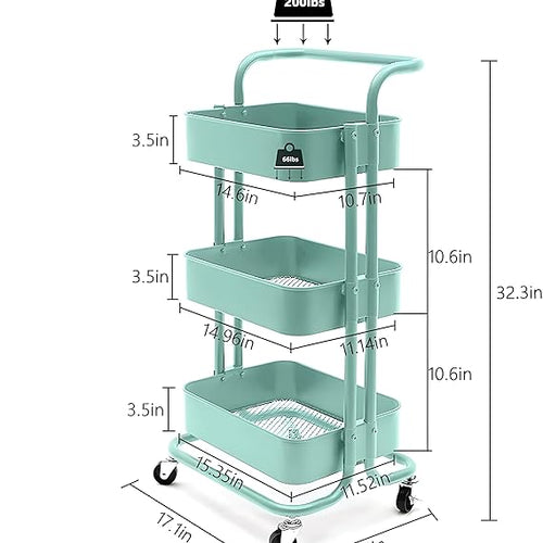 JIALTO Multipurpose Trolley with Wheels- Heavy Duty 3-Tier Utility Cart for Storage & Organization- Movable Rack for Home, Kitchen, Bathroom, Pantry- Durable Metal Frame with Lockable Wheels (Green)