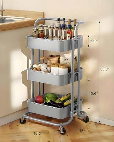 JIALTO Multipurpose Trolley with Wheels- Heavy Duty 3-Tier Utility Cart for Storage &amp; Organization- Movable Rack for Home, Kitchen, Bathroom, Pantry- Durable Metal Frame with Lockable Wheels (Black)