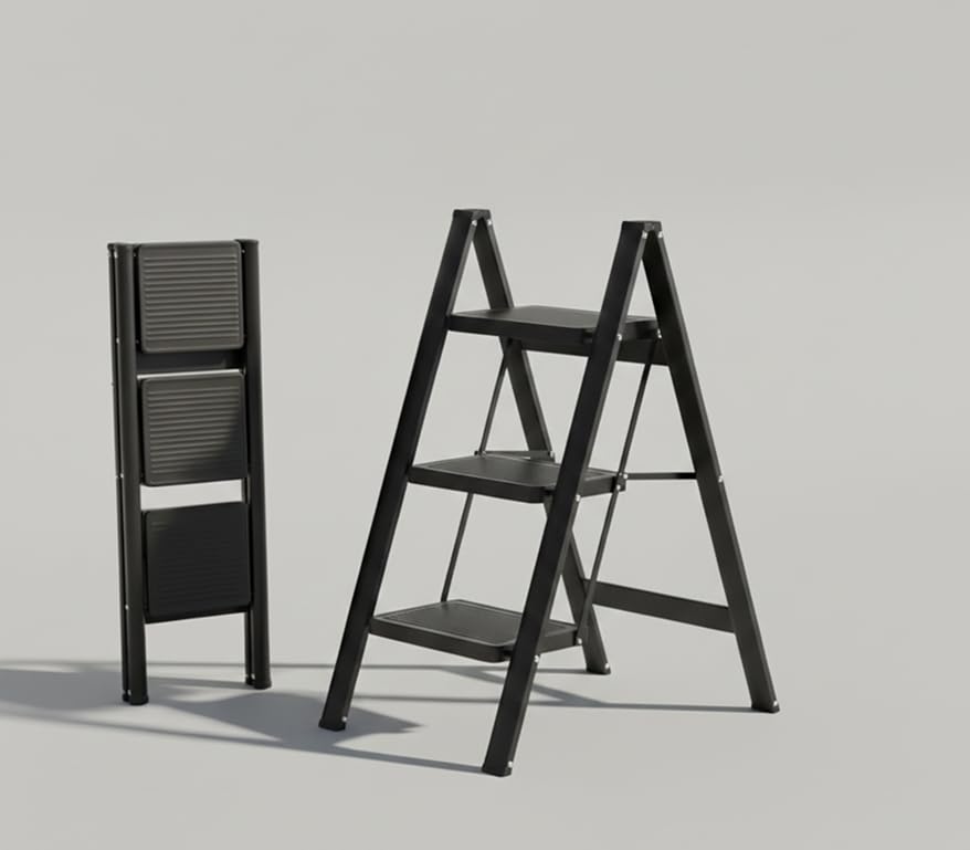 JIALTO 3 Step Aluminums Ladder | Foldable Step with Wide Pedals | Lightweight & Portable Stepping Stool for Home, Kitchen, Library, Office with Anti-Slip Heavy Duty 150 Kg Load