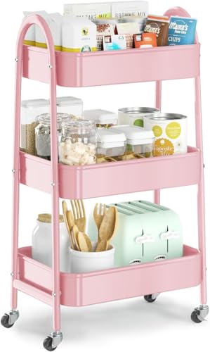 JIALTO Multipurpose Trolley with Wheels- Heavy Duty 3-Tier Utility Cart for Storage &amp; Organization- Movable Rack for Home, Kitchen, Bathroom, Pantry- Durable Metal Frame with Lockable Wheels (Black)