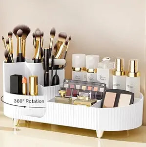 JIALTO 9-Compartment 360° Rotating Cosmetic Organizer for Dressing Table- Makeup Storage Organizer for Nail Polish, Brushes, Lipstick, Jewelry, Vanity &amp; Beauty Accessories (White)
