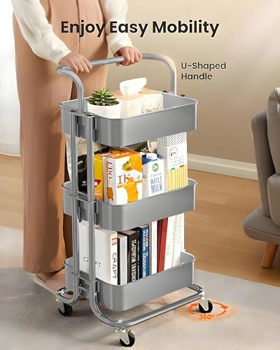 JIALTO Multipurpose Trolley with Wheels- Heavy Duty 3-Tier Utility Cart for Storage &amp; Organization- Movable Rack for Home, Kitchen, Bathroom, Pantry- Durable Metal Frame with Lockable Wheels (Black)