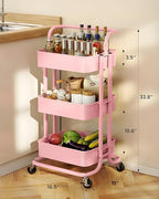JIALTO Multipurpose Trolley with Wheels- Heavy Duty 3-Tier Utility Cart for Storage &amp; Organization- Movable Rack for Home, Kitchen, Bathroom, Pantry- Durable Metal Frame with Lockable Wheels (Black)