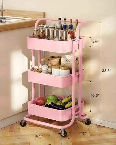 JIALTO Multipurpose Trolley with Wheels- Heavy Duty 3-Tier Utility Cart for Storage &amp; Organization- Movable Rack for Home, Kitchen, Bathroom, Pantry- Durable Metal Frame with Lockable Wheels (Black)