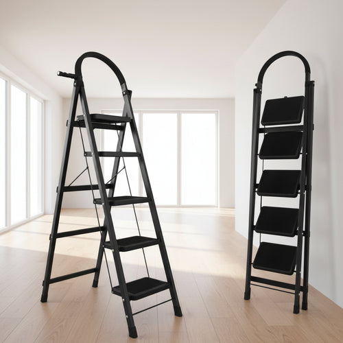Jialto Premium Matte Black 5 Step Ladder | Foldable Ladder for Home with Built-in Tool Tray | Secure Lock &amp; Wide Rubber Feet | Heavy Duty Home Step Ladder (150kg Capacity)