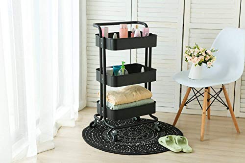 JIALTO Multipurpose Trolley with Wheels- Heavy Duty 3-Tier Utility Cart for Storage &amp; Organization- Movable Rack for Home, Kitchen, Bathroom, Pantry- Durable Metal Frame with Lockable Wheels (Black)