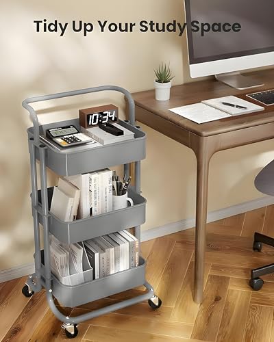 JIALTO Multipurpose Trolley with Wheels- Heavy Duty 3-Tier Utility Cart for Storage &amp; Organization- Movable Rack for Home, Kitchen, Bathroom, Pantry- Durable Metal Frame with Lockable Wheels (Black)
