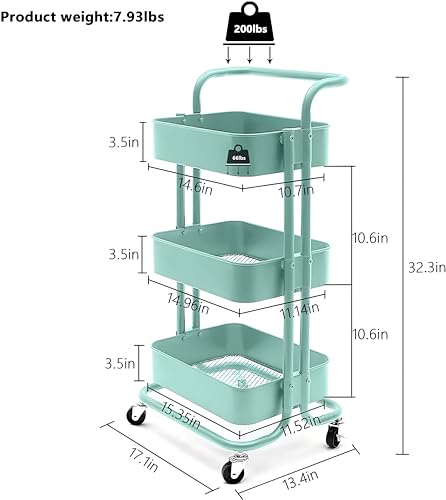 JIALTO Multipurpose Trolley with Wheels- Heavy Duty 3-Tier Utility Cart for Storage &amp; Organization- Movable Rack for Home, Kitchen, Bathroom, Pantry- Durable Metal Frame with Lockable Wheels (Black)