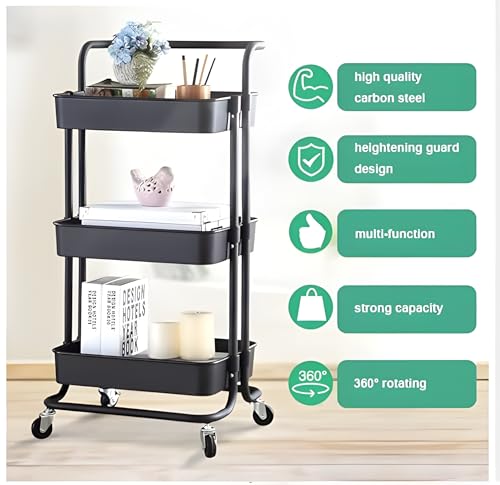 JIALTO Multipurpose Trolley with Wheels- Heavy Duty 3-Tier Utility Cart for Storage &amp; Organization- Movable Rack for Home, Kitchen, Bathroom, Pantry- Durable Metal Frame with Lockable Wheels (Black)