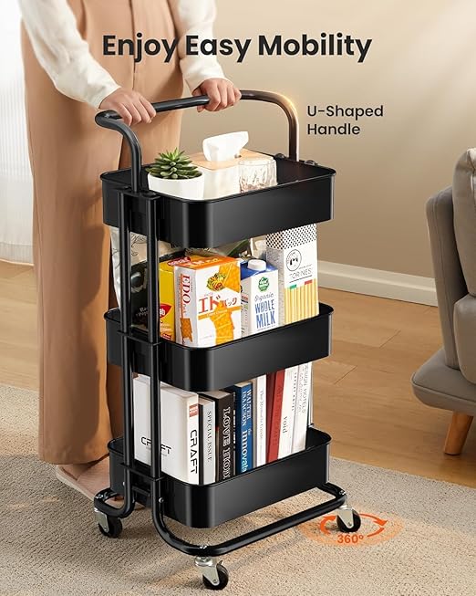 JIALTO Multipurpose Trolley with Wheels- Heavy Duty 3-Tier Utility Cart for Storage & Organization- Movable Rack for Home, Kitchen, Bathroom, Pantry- Durable Metal Frame with Lockable Wheels (Black)