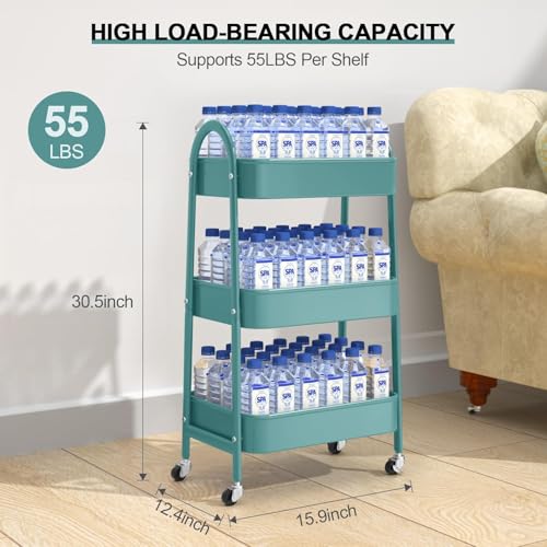 JIALTO Multipurpose Trolley with Wheels- Heavy Duty 3-Tier Utility Cart for Storage &amp; Organization- Movable Rack for Home, Kitchen, Bathroom, Pantry- Durable Metal Frame with Lockable Wheels (Black)