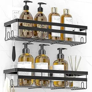 JIALTO 2 Pieces Aluminium Heavy Duty Self Adhesive Bathroom Accessories Set Bathroom Kitchen Shelf Rack, Multipurpose Wall Mounted Washroom Organizer (Black)