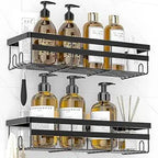 JIALTO 2 Pieces Aluminium Heavy Duty Self Adhesive Bathroom Accessories Set Bathroom Kitchen Shelf Rack, Multipurpose Wall Mounted Washroom Organizer (Black)