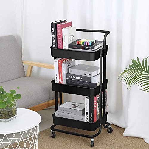 JIALTO Multipurpose Trolley with Wheels- Heavy Duty 3-Tier Utility Cart for Storage &amp; Organization- Movable Rack for Home, Kitchen, Bathroom, Pantry- Durable Metal Frame with Lockable Wheels (Black)