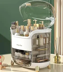 JIALTO Makeup Organizer Box with 3 Drawers &amp; Dustproof Lid – Transparent Cosmetic Storage Box for Skincare, Perfumes, Jewelry &amp; Accessories – Countertop Vanity Organizer for Dressing Table (White)