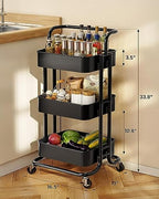 JIALTO Multipurpose Trolley with Wheels- Heavy Duty 3-Tier Utility Cart for Storage &amp; Organization- Movable Rack for Home, Kitchen, Bathroom, Pantry- Durable Metal Frame with Lockable Wheels (Black)