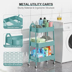JIALTO 3-Tier Vegetable Rack for Kitchen Steel Trolley Cart, Metal Storage Rack with Lockable Wheels, Multipurpose Storage Organizer with Home Kitchen Outdoor for Office & Home - Green