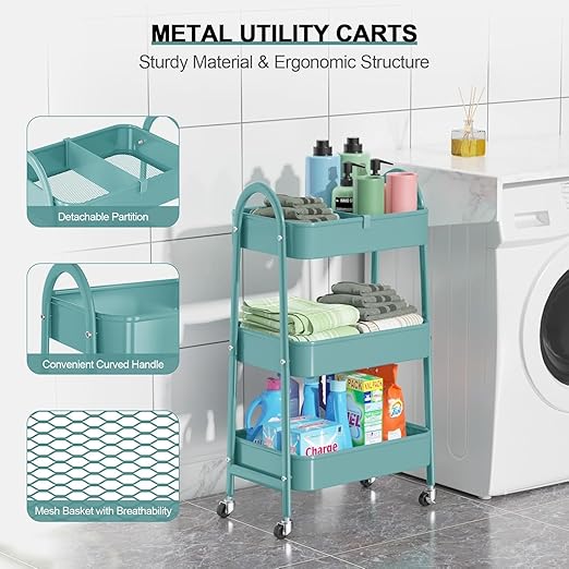 JIALTO 3-Tier Vegetable Rack for Kitchen Steel Trolley Cart, Metal Storage Rack with Lockable Wheels, Multipurpose Storage Organizer with Home Kitchen Outdoor for Office & Home - Green