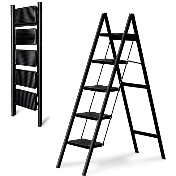 JIALTO 5 Step Aluminums Ladder | Foldable Step with Wide Pedals | Lightweight & Portable Stepping Stool for Home, Kitchen, Library, Office with Anti-Slip Heavy Duty 150 Kg Load