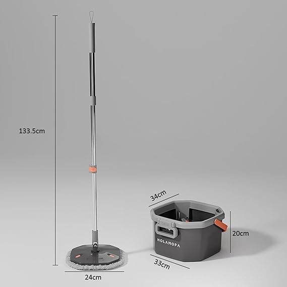 JIALTO 360° Spin Mop & Drop Bucket Deluxe System | Reusable Microfiber Pads for Wet & Dry Cleaning of Walls, Glass & Tiles and Home Floor Cleaning - Grey and Orange (Octagon)