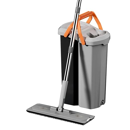 JIALTO Flat Mop and Bucket Set with 2 Chambers – Hands-Free Self Squeeze Mop with Microfiber Pads, 360° Rotating Handle, Floor Cleaning System for Home, Kitchen, Bathroom & Office
