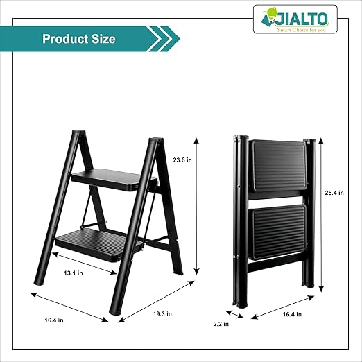 JIALTO 2 Step Aluminums Ladder | Foldable Step with Wide Pedals | Lightweight & Portable Stepping Stool for Home, Kitchen, Library, Office with Anti-Slip Heavy Duty 150 Kg Load (Black, 2 Step Ladder)