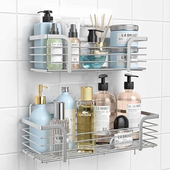 JIALTO 2 Pcs Adhesive Shower Caddy Combo - SUS 304 Stainless Steel Wall Shelf with Hooks - No Drill Rustproof Bathroom, Kitchen Organizer Rack for Toiletries, Spices, Bottles (Silver)