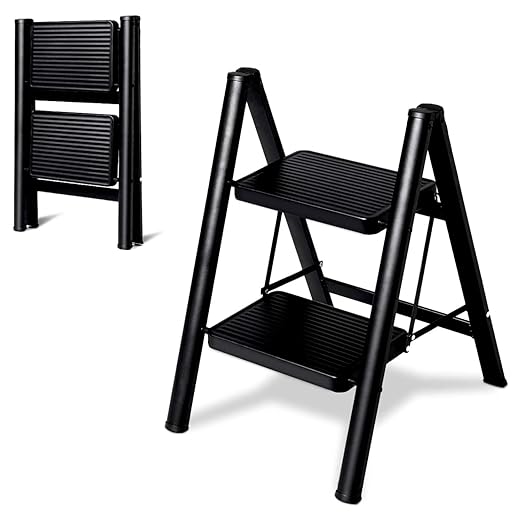 JIALTO 2 Step Aluminums Ladder | Foldable Step with Wide Pedals | Lightweight & Portable Stepping Stool for Home, Kitchen, Library, Office with Anti-Slip Heavy Duty 150 Kg Load (Black, 2 Step Ladder)