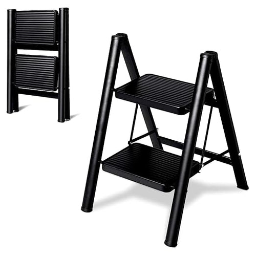 Jialto 2 Step Aluminium Ladder | Foldable, Wide Pedals | Anti-Slip, 150kg | Black