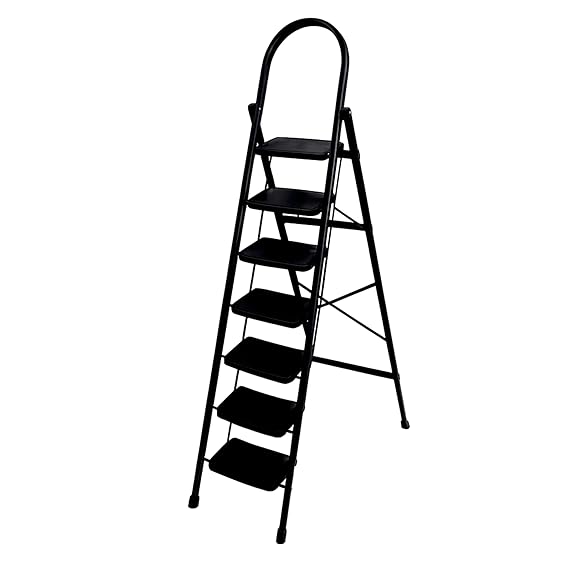 JIALTO 7 Step Ladder with Handrail | Folding Steel Step Stool for Home & Kitchen | Anti-Slip Wide Pedal, Lightweight & Portable | Space-Saving Design, Indoor & Outdoor Use (Black)