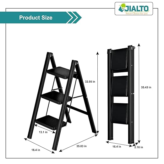 JIALTO 3 Step Aluminums Ladder | Foldable Step with Wide Pedals | Lightweight & Portable Stepping Stool for Home, Kitchen, Library, Office with Anti-Slip Heavy Duty 150 Kg Load