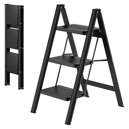 JIALTO 3 Step Aluminums Ladder | Foldable Step with Wide Pedals | Lightweight & Portable Stepping Stool for Home, Kitchen, Library, Office with Anti-Slip Heavy Duty 150 Kg Load